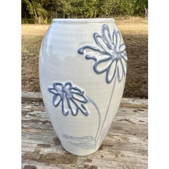 Studio Art Pottery Vase Raised Blue Flowers Cream Glaze Abstract Signed 8.75 in - Picture 7 of 16